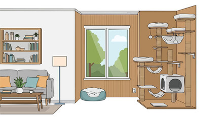 Cozy living room interior design with cat tree and natural light showcases serene domesticity, promoting comfort and pet-friendly living with