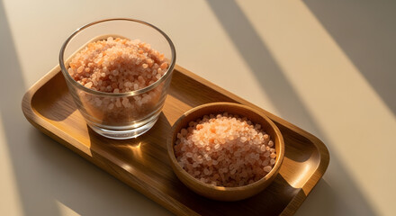 Himalayan pink salt in a glass and a wooden bowl on a wooden tray under natural sunlight.