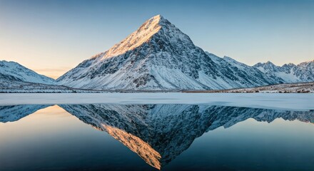 A snow-capped mountain reflects perfectly in a calm lake at sunrise