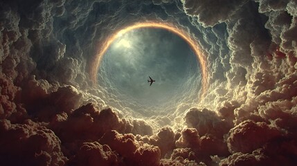 A lone bird flying in front of a circular solar halo amid dramatic clouds.