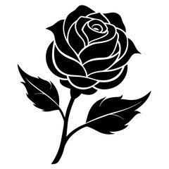 Black silhouette of a single rose with leaves on a, symbolizing love, beauty, and romance, perfect for graphic design and decoration