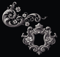Luxurious baroque floral ornaments with gold acanthus scrolls and pink roses on dark blue background, elegant design.