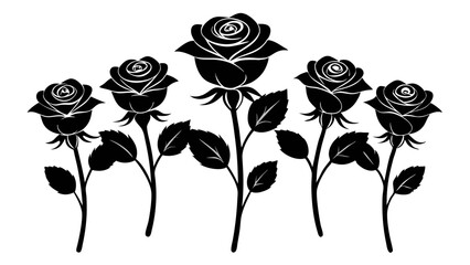 A collection of five black silhouette roses with stems and leaves, isolated on a, symbolizing love and beauty