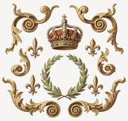 Royal baroque ornament set featuring golden scrolls, crown, laurel wreath, and fleur-de-lis in elegant classical style.