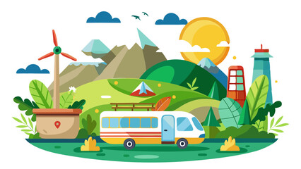 Scenic landscape with a bus, wind turbine, and lighthouse, promoting ecotourism and sustainable travel
