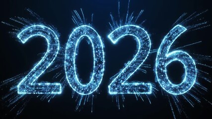 Glowing blue neon-like '2026' with sparkling lines on a dark background, conveying a futuristic and celebratory mood.