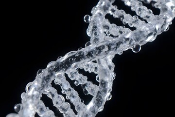 DNA double helix, twisting; bead-like nucleotides; against a dark background.