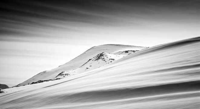 Black and white shot of snow-covered mountains with windswept drifts and overcast sky