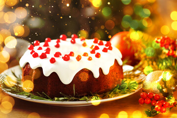 Tasty Christmas cake with red currants, fir branches and festive balls on table. Bokeh lights