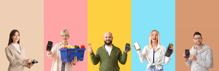 Collage of cashiers with payment terminals on color background