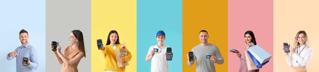 Group of cashiers with payment terminals on color background