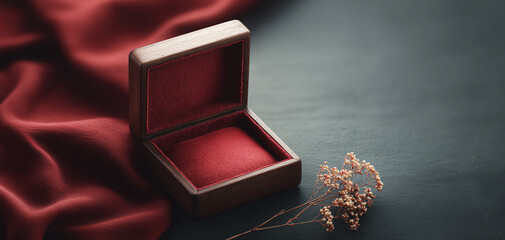 Empty red velvet jewelry box, romantic gift of love, awaits special proposal ring on dark surface with elegant fabric for an occasion