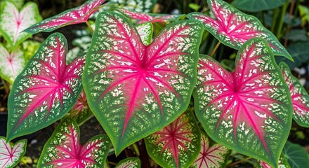 Caladium - A Vibrant Display of Colorful Foliage in a Lush Garden Setting.