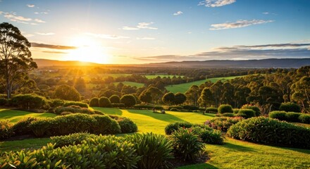 Fototapeta premium Lush green hillside gardens and fields, bathed in golden sunset light, framed by trees