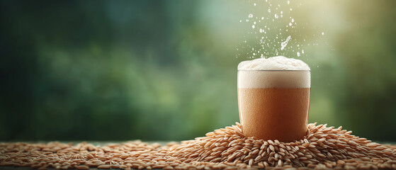 Refreshing light amber lager beer with rising foam in glass, on bed of natural barley grain, evoking fresh, rustic feeling