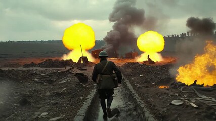 Combatant swiftly escapes raging flames amidst explosive battlefield