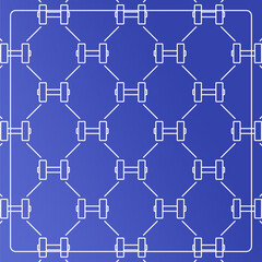 Seamless pattern on a blue background with barbell icons. Line design for posters, social media, and banner templates.