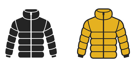 Winter jacket icon vector on white background , shown in stroke outline, solid, flat, and shaded color styles. Perfect for cold-weather apparel and clothing design