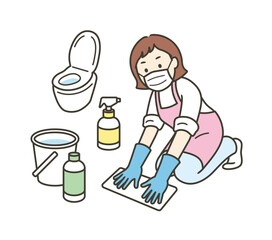 トイレ掃除をしてノロウイルスなどの除菌対策をする主婦の全身イラスト