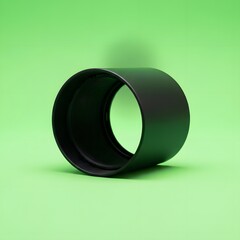 A black camera lens filter with a sleek design placed on a vibrant green background, showcasing its smooth surface and circular shape for photography enhancement