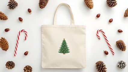 Obraz premium Christmas tote bag with a festive tree design, surrounded by pine cones and candy canes, perfect for holiday shopping and seasonal gifting