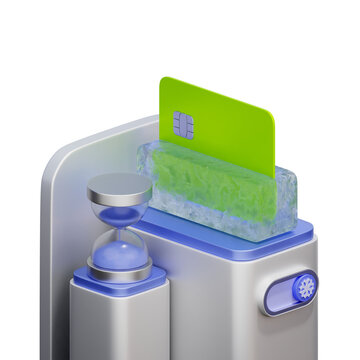 3D icon display showing a frozen credit card with hourglass and toggle For the freeze card feature, temporary account suspension, time-limited card blocking, and managing bank card security settings.