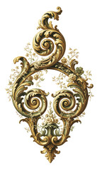Ornate baroque floral ornament with gold scrolls, green acanthus leaves, and delicate roses forming an elegant symmetrical design.