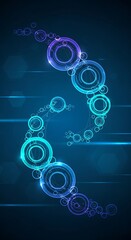 Abstract DNA Helix with Glowing Circles on Dark Blue Background.