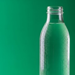 A clear glass bottle filled with water and condensation droplets on its surface against a vibrant green background