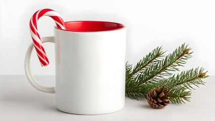 White coffee mug mockup with a candy cane and pine branch for a festive Christmas holiday. Blank cup for design presentation