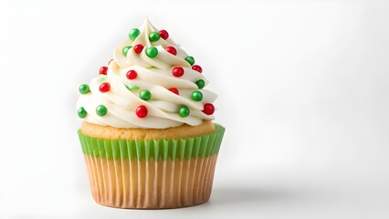 Delicious Christmas vanilla cupcake adorned with vibrant red and green sprinkles, a festive sweet treat for holiday celebrations and seasonal joy, isolated on white background