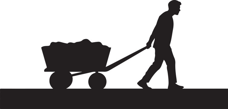 Black silhouette of a man pulling a two-wheeled cart filled with dirt wagon