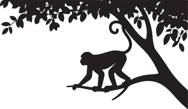 Black silhouette of a monkey perched on a tree branch with leaves vector