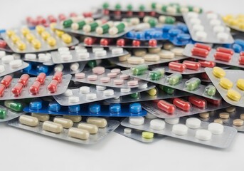 Pile of colorful blister packs of pills and capsules on white background.