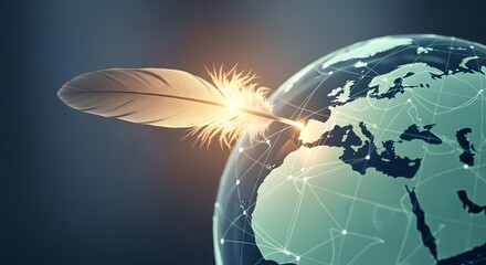 A digital globe with a feather quill symbolizing global communication and the exchange of ideas in a modern technological context