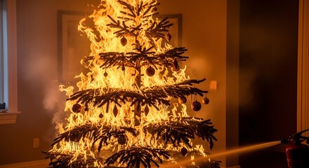 Christmas Tree Engulfed in Flames - A Holiday Hazard.