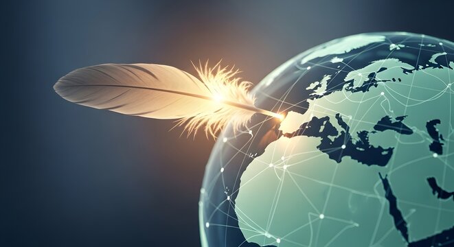 A digital globe with a feather quill symbolizing global communication and the exchange of ideas in a modern technological context