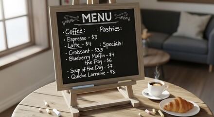 Cafe Menu Board with Coffee and Pastries Specials.