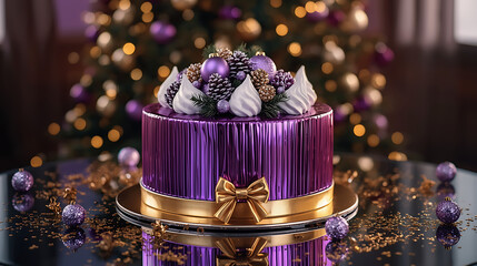 festive purple and gold holiday cake with ornaments and ribbon in Christmas setting