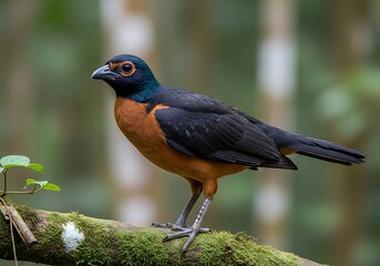 Chestnut-bellied Niltava Perched on Mossy Branch in Lush Forest.