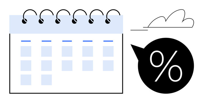 Calendar with spiral binding and percentage symbol shows planning, time management, discount scheduling. Ideal for business, sales, finance, marketing, productivity, organization simple flat