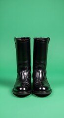 A pair of black rubber rain boots standing upright against a vibrant green background, ready for wet weather conditions