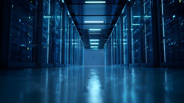 Rows of server racks glow blue in a modern data center corridor.