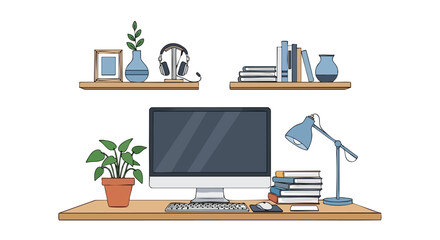 Stylish minimal desk setup with modern computer and curated shelf decor provides serene workspace aesthetic promoting focus