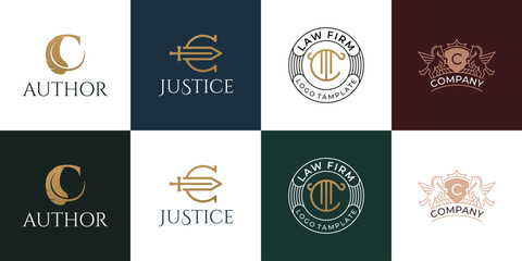 A collection of elegant vintage-style logos featuring law firm emblems, company emblems, author monograms, and symbols of justice.