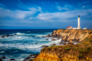 Point Arena Lighthouse on the Rugged Cliffs of the California Pacific Coast near Point Arena, Mendocino County, Northern California © Michael