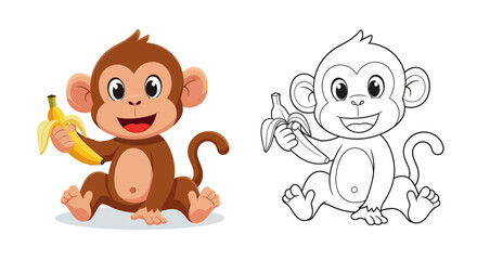 Fototapeta premium Cartoon illustration of a cheerful monkey holding a banana, with a black and white outline version beside it, suitable for coloring.