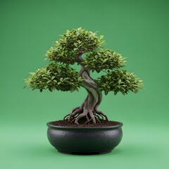 A beautifully shaped bonsai tree with lush green foliage in a round black pot against a vibrant green background