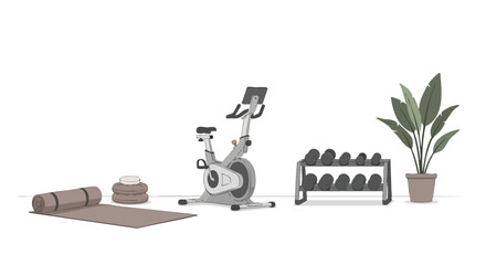 Minimalist home gym illustration with stationary bike dumbbells and yoga mat featuring a calm ambiance promoting wellness and healthy lifestyle
