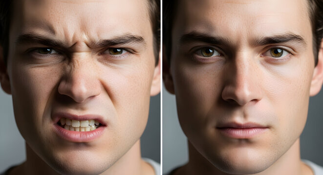 Man's facial expression transitioning from anger to calmness and serenity